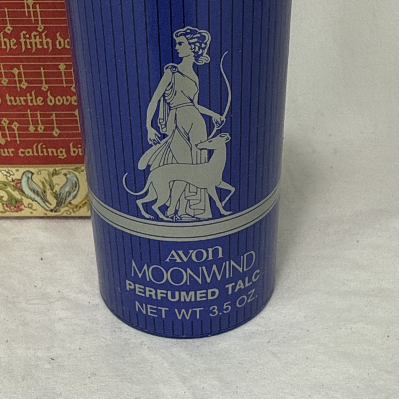 Vintage Avon Moonwind Perfumed Talc 3.5 oz Blue Ribbed Container w Original Box