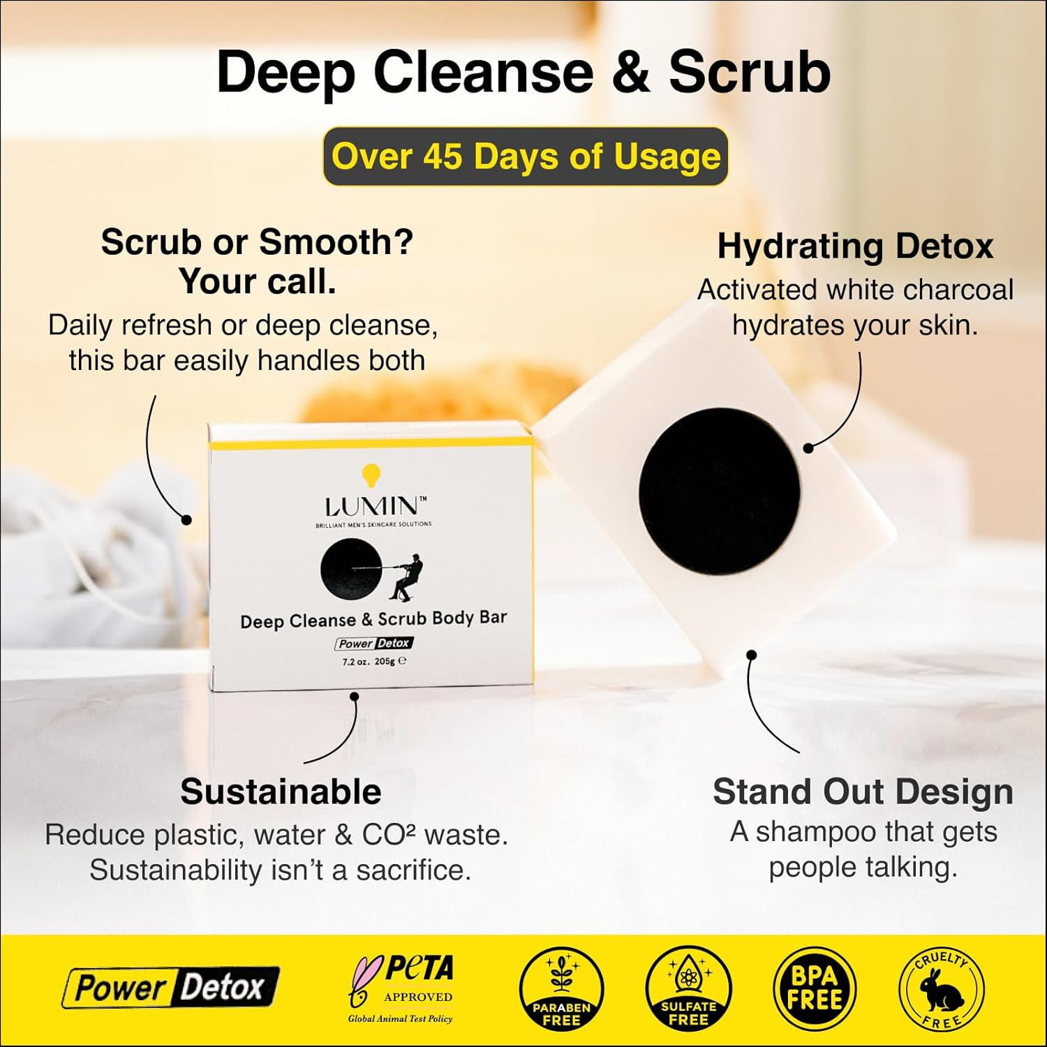Lumin Men’s Activated Charcoal SOAP BAR Scrub & Body Wash Tea Tree Detox 7.2 oz