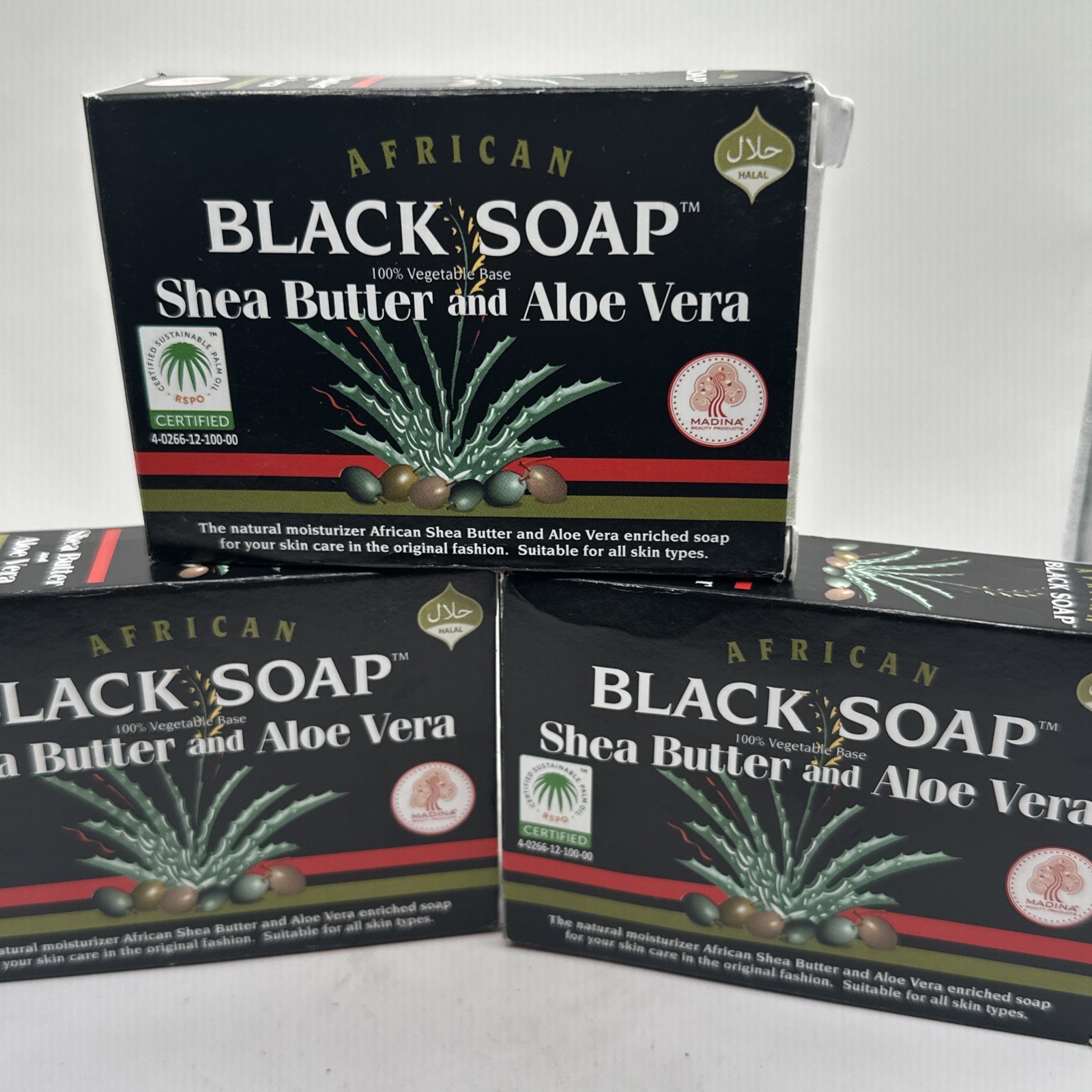 Madina African Black Soap w/Cocoa Butter and Vitamin E Pack of 3 Bars 3.5 Oz Ea