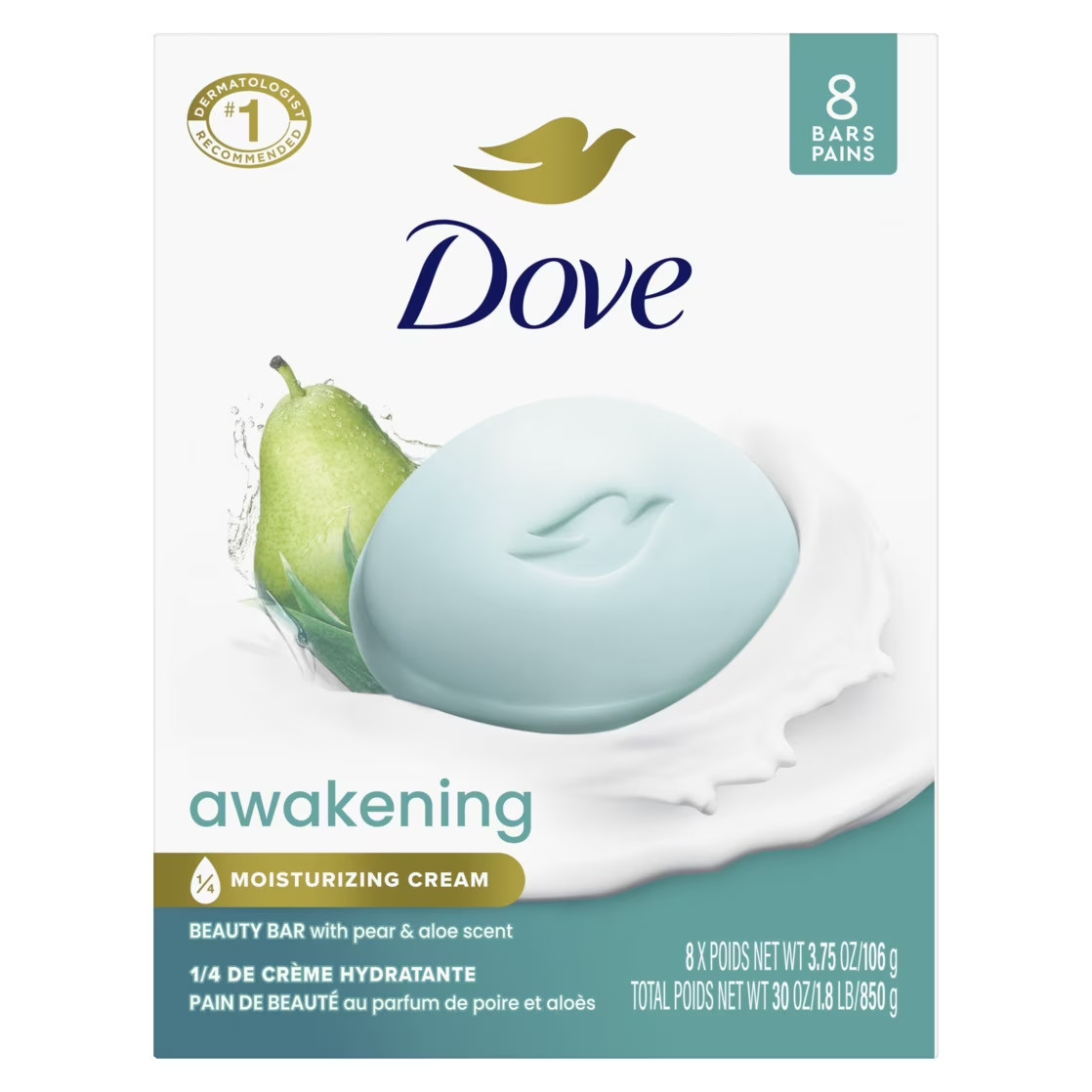 Dove Awakening Gentle Beauty Bar Soap All Skin Type, Pear and Aloe, 3.75 oz (8)B