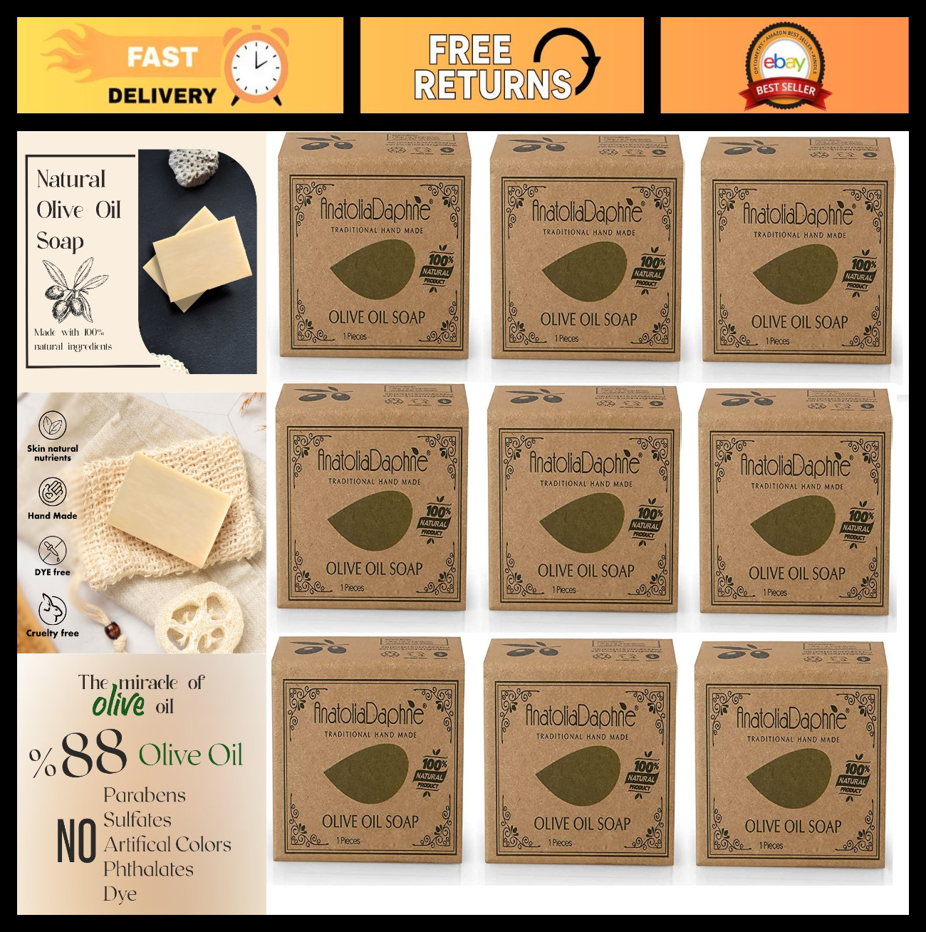 Natural Vegan Olive Oil Soap Bars – Handmade 100% Pure – 5.3 oz, Pack of 9