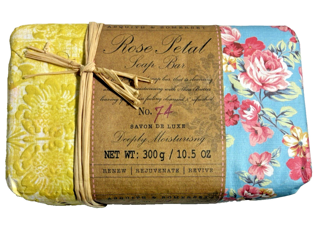 NEW, with Raffia ASQUITH & SOMERSET 10.5 oz / 300g No 74 Rose Petal Soap Bar