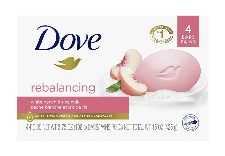 🆕️ Dove (4-Bars) 3.75 Oz. •REBALANCING• 🍑 White Peach & Rice Milk Beauty Bars.