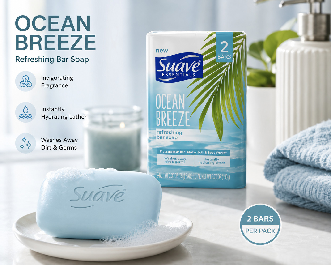 Suave Essentials Ocean Breeze Refreshing Bar Soap 12 Pack (24 Bars Total) 3.35 o