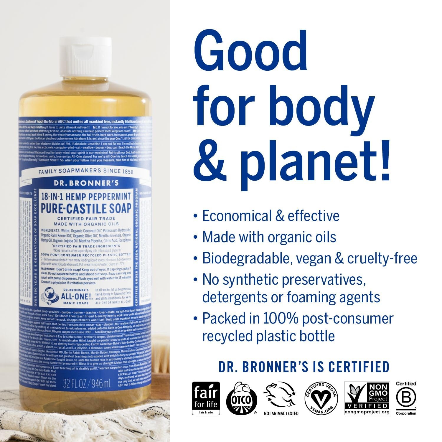Dr. Bronner’s – Pure-Castile Liquid Soap 31.99 Fl Oz (Pack of 1), Black