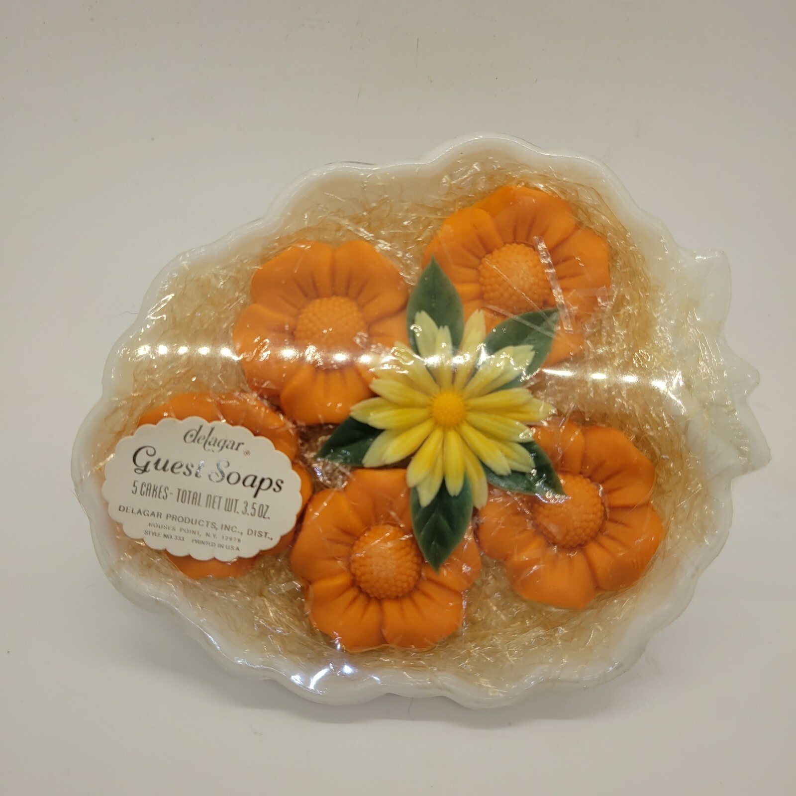 Vintage Delagar Orange Floral Guest Soaps sealed in Package Milk Glass Dish