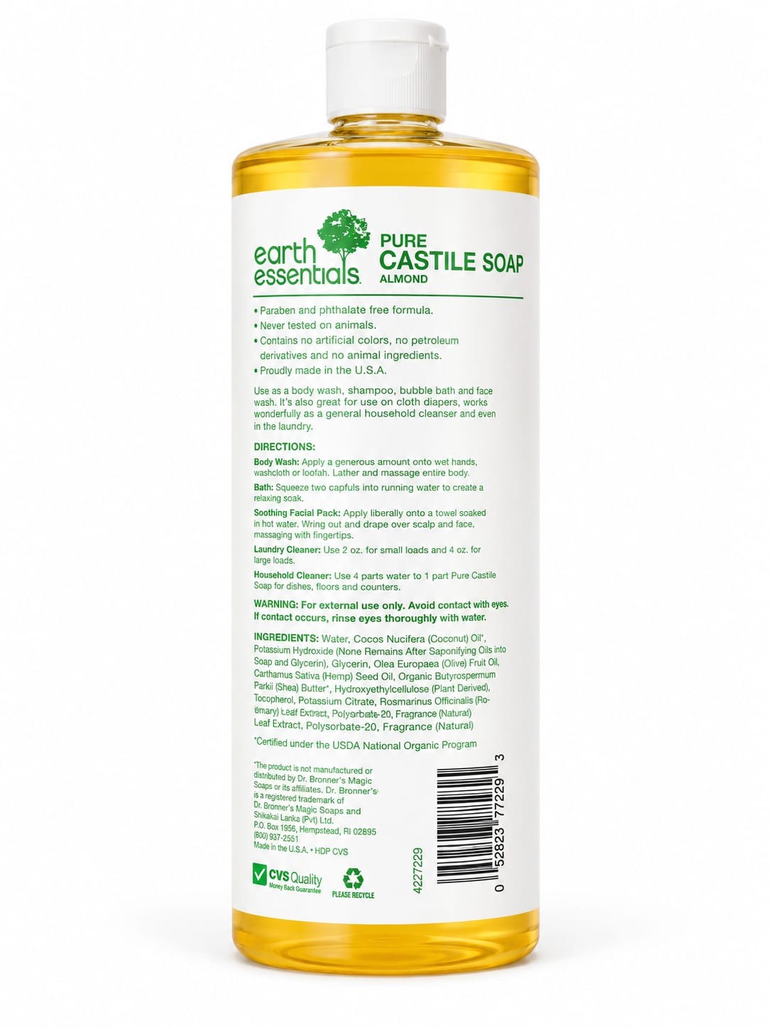 Pack Of 2 Earth Essentials Almond Pure Castile Liquid Soap (32 oz)