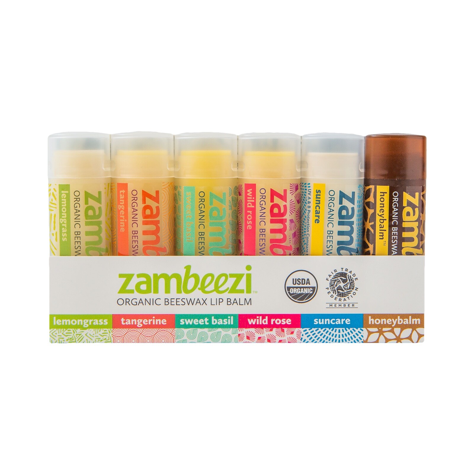 6 pack Zambeezi Organic Fairtrade Beeswax Lip Balm from Zambia Africa Variety