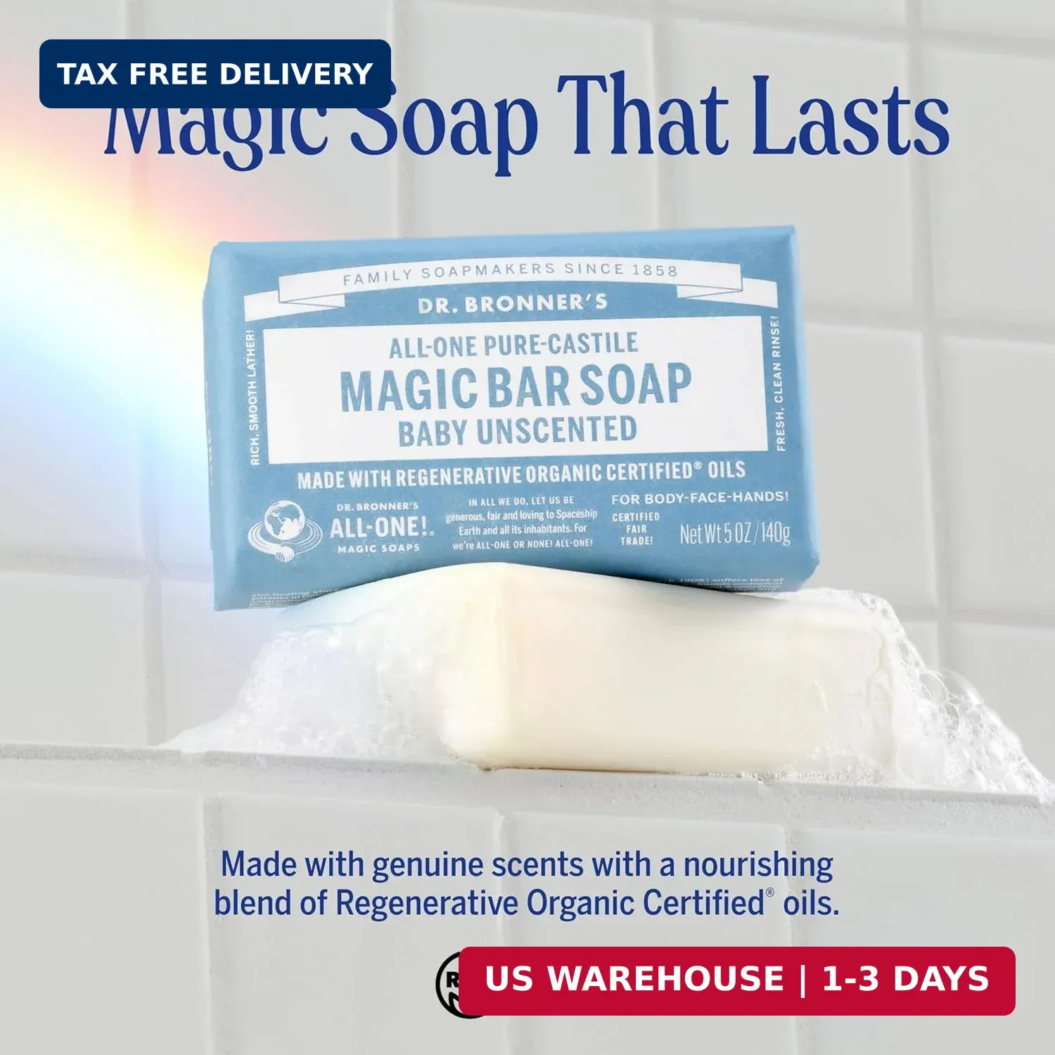 Dr. Bronner’s – Pure-Castile Bar Soap (Baby Unscented, 5 ounce, 2-pack) – Made w