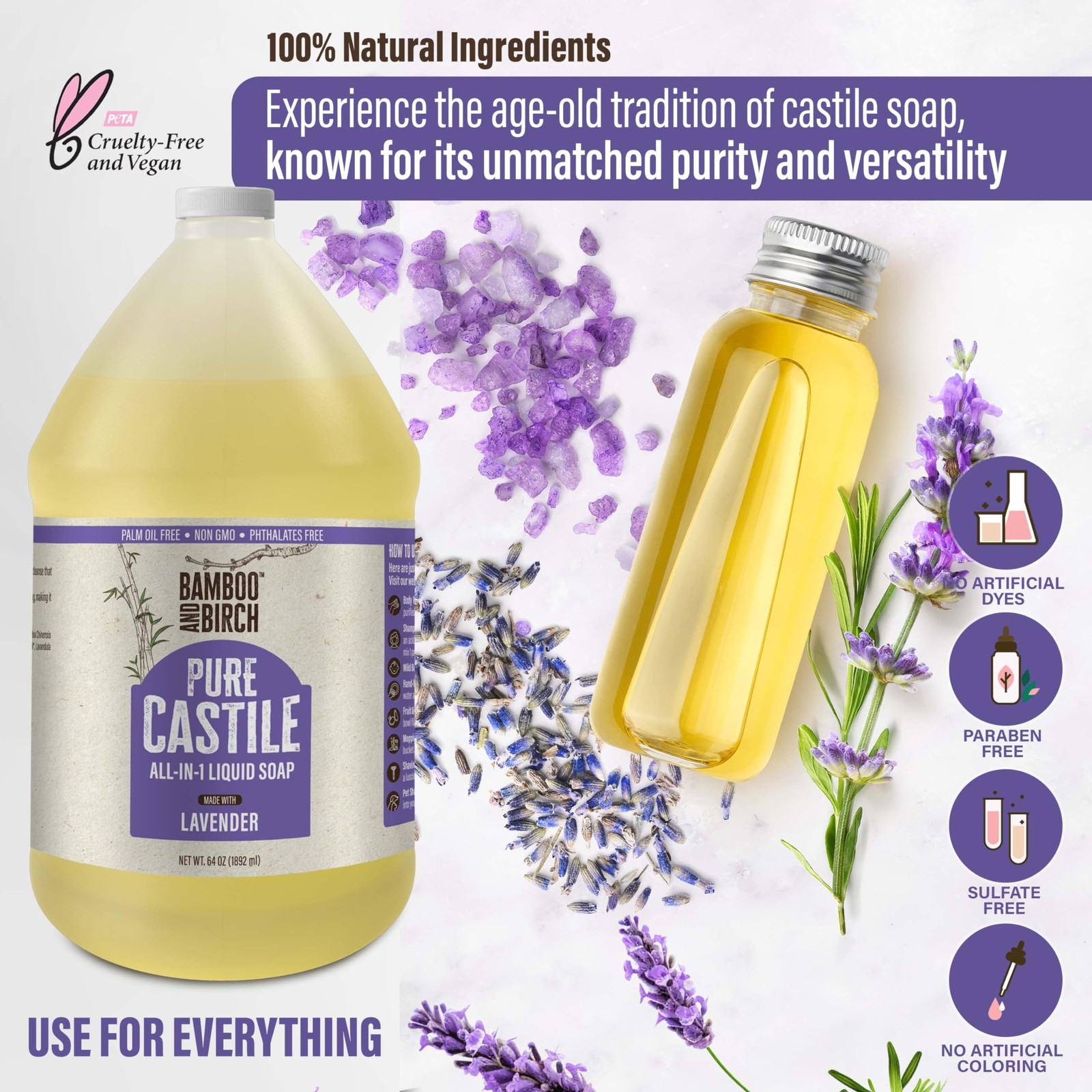 BAMBOO AND BIRCH Pure Castile Soap Liquid, Lavender, 64 64 Fl Oz (Pack of 1)