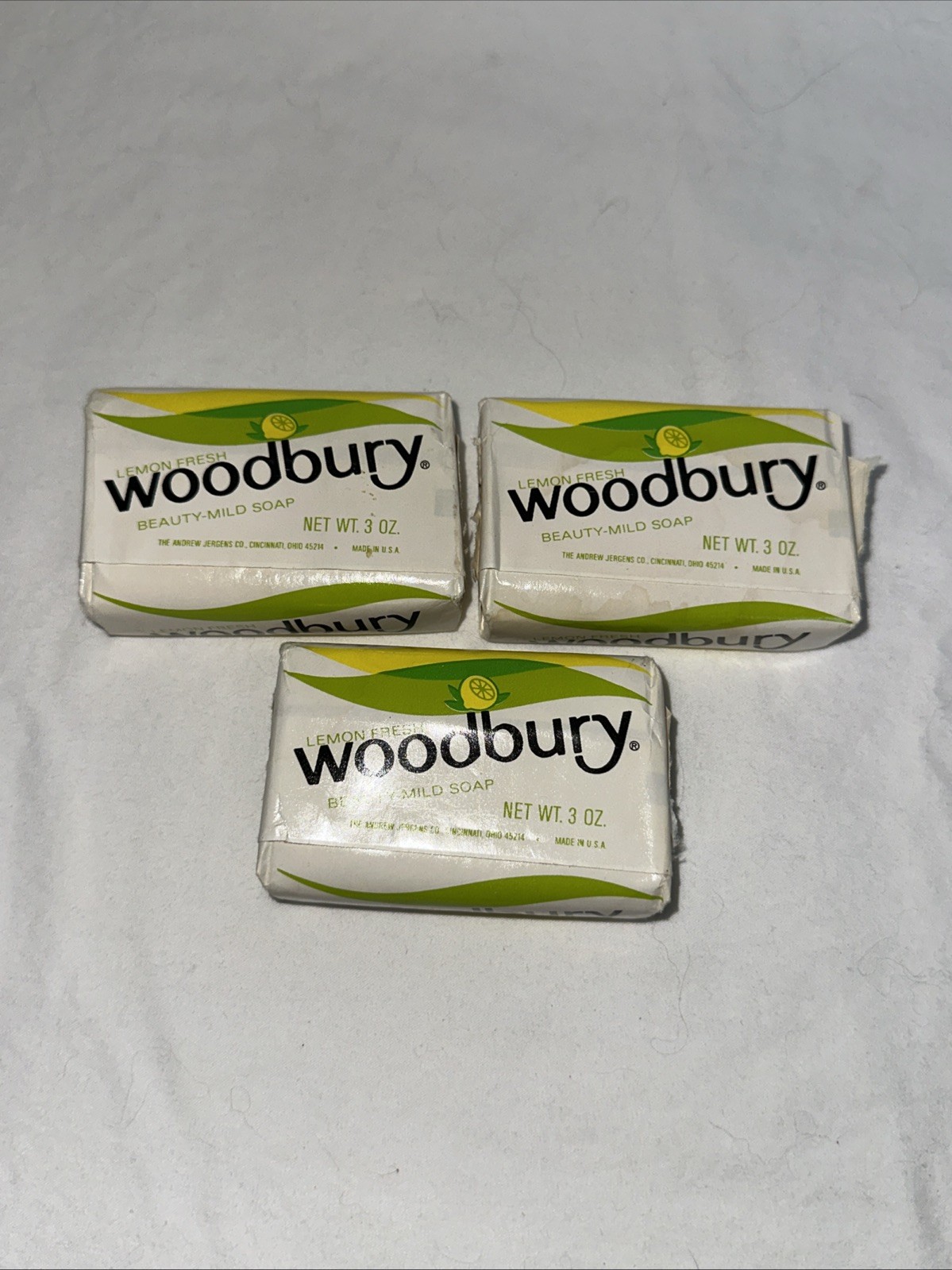 NOS 3 Bars Woodbury Beauty Soap Lemon Green White 3 oz Jergens 1960s Movie Prop