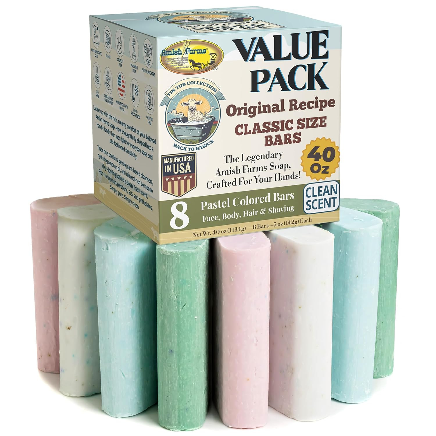 Soap Value Pack 8 Easy-To-Grip Hydrating Bars 5 Oz Each 2.5 Lb Cold-Process USA