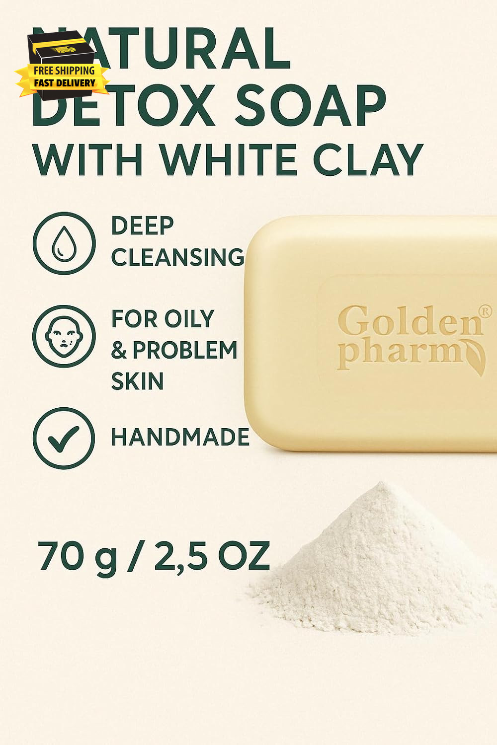 Detox White Clay Soap Bar for Face & Body – 70G (2.47Oz) – 100% Natural, Moistur