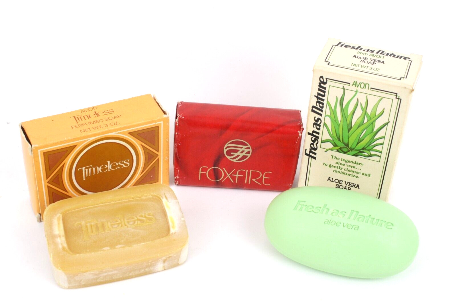 Lot 3 C1980 AVON Perfumed Bar Soap Timeless Foxfire Fresh As Nature Aloe Vera