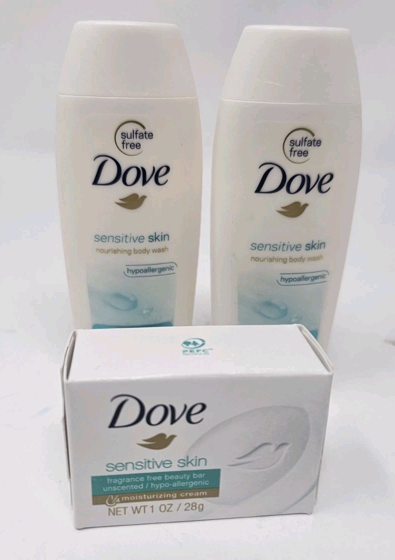 Dove Sensitive Skin 1 Oz Soap Bar + 1.8 Oz Body Wash Mini Travel Size Lot Of 3
