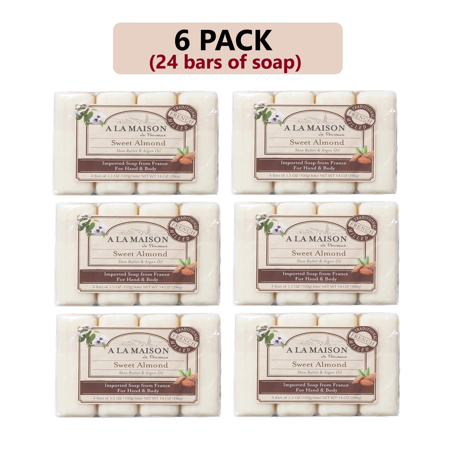 A LA MAISON Sweet Almond Bar Soap – 6 PACK – (24Bars of Soap)