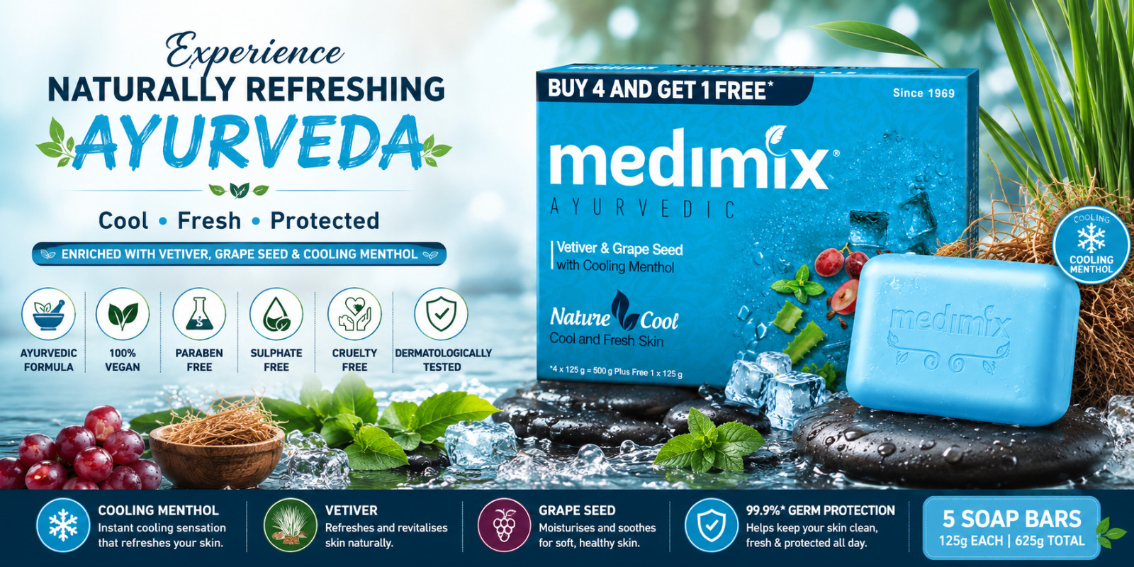 🔥Medimix Cooling Ayurvedic Soap Pack of 5 | Vetiver Menthol Grape Seed | 625g🔥