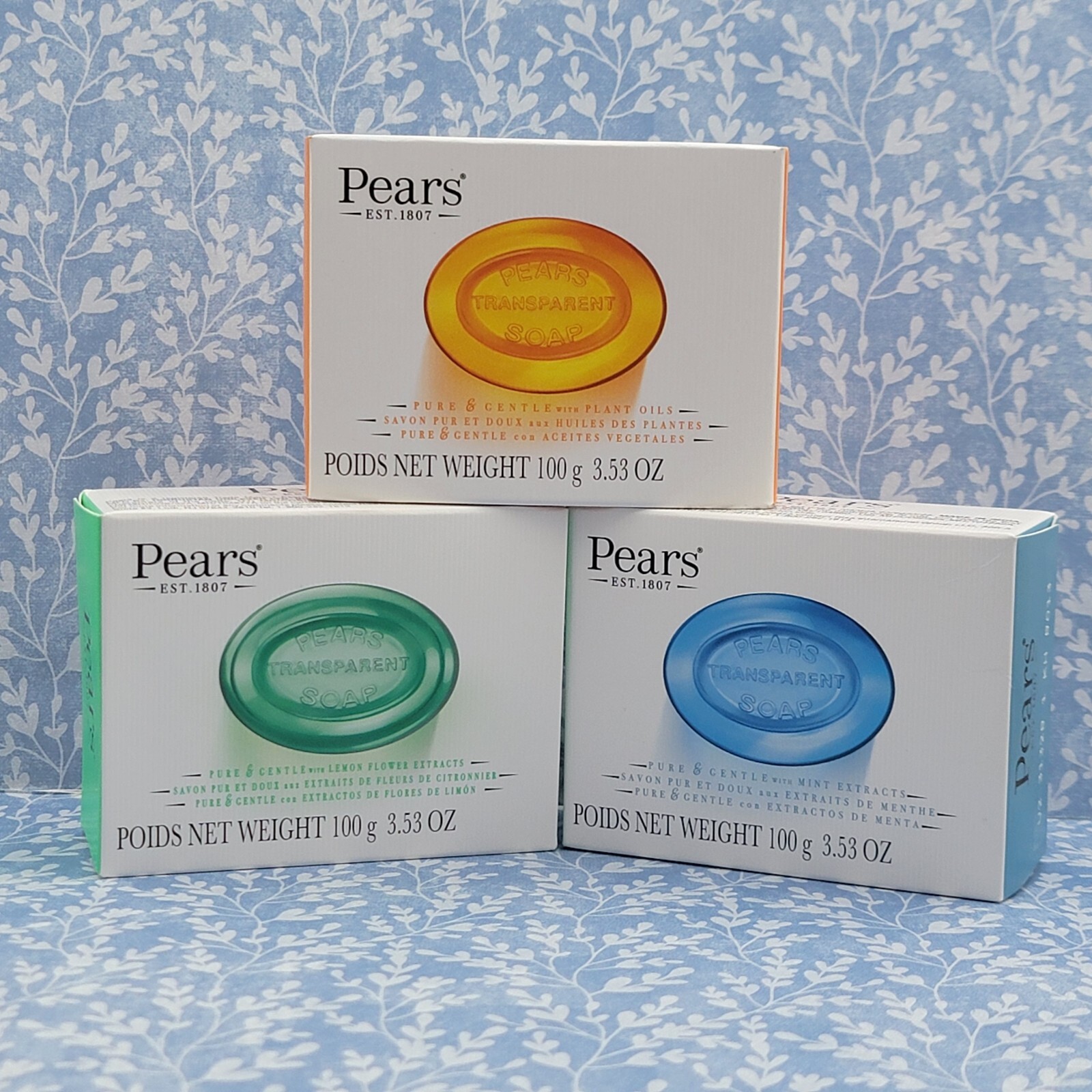 3 PEARS Soaps Plant Oils Lemon Flower Mint Extract Pure & Gentle 100g 3.53 oz