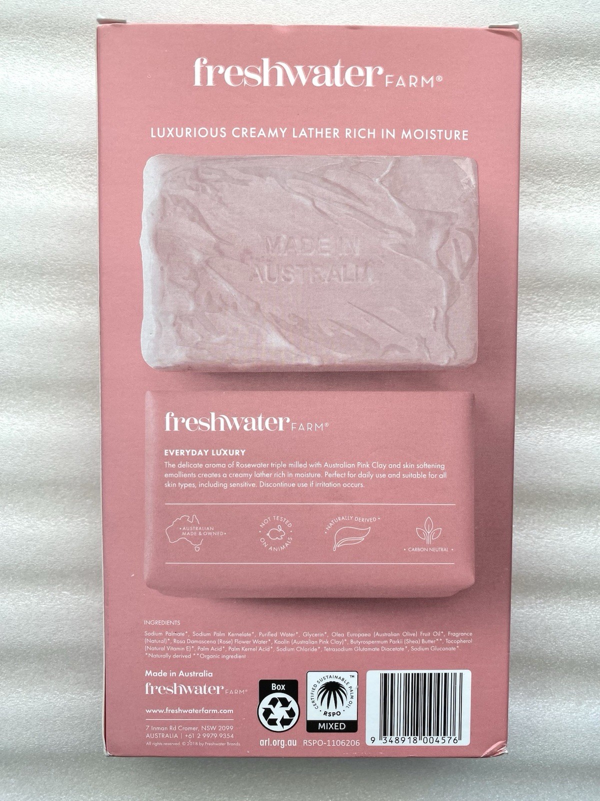 3-Pack | Freshwater Farm Australia Body Soap Bars | Rosewater + Pink Clay | 7 oz