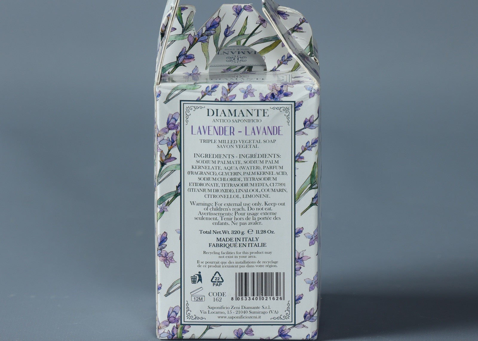 DIAMANTE LAVENDER Vegat. Based Round Individually Wrapped Soaps 4×2.8 oz. Italy