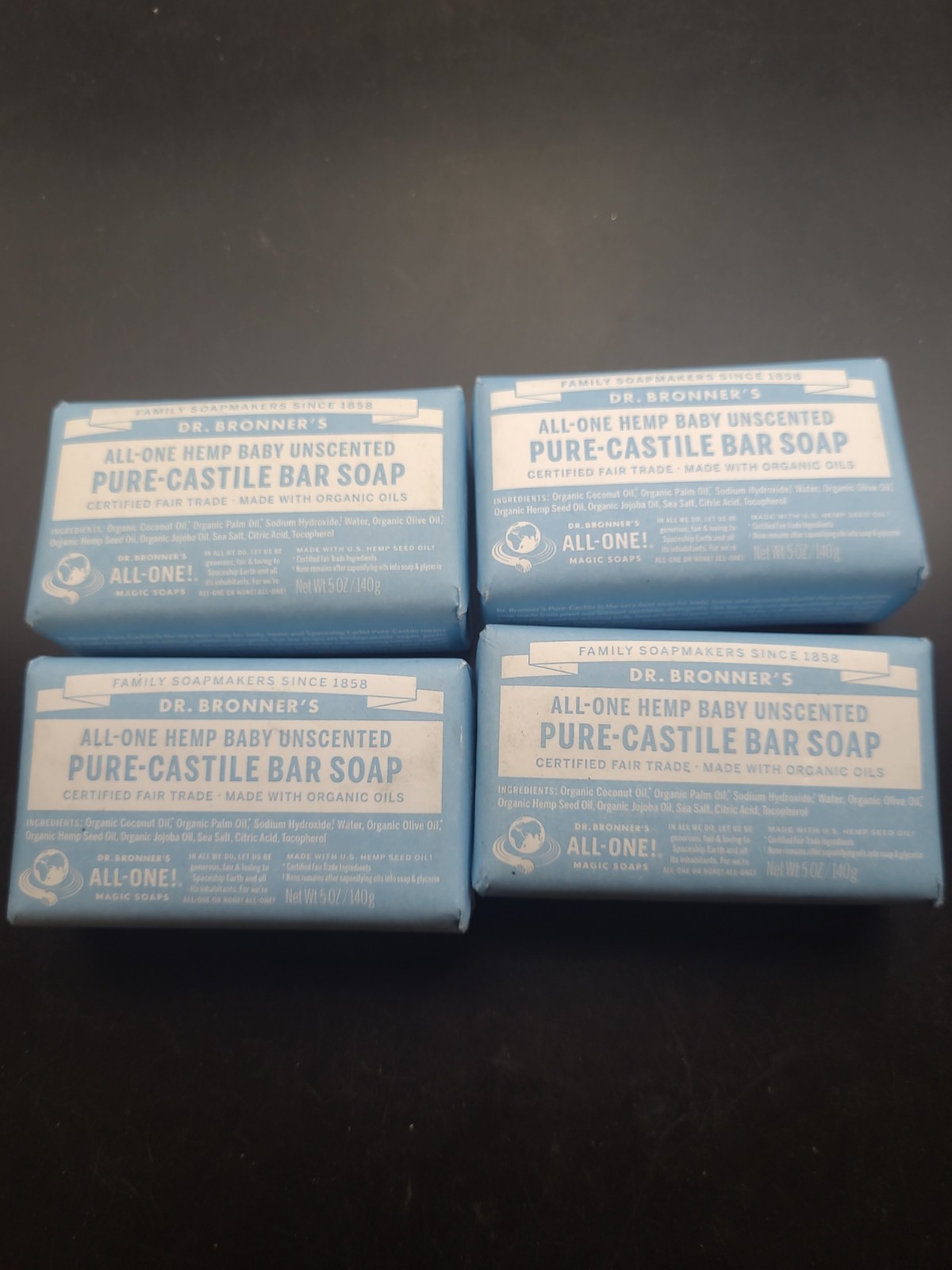 4 Bars Dr. Bronner’s All-One Hemp Baby Unscented Pure Castile Bar Soap Organic