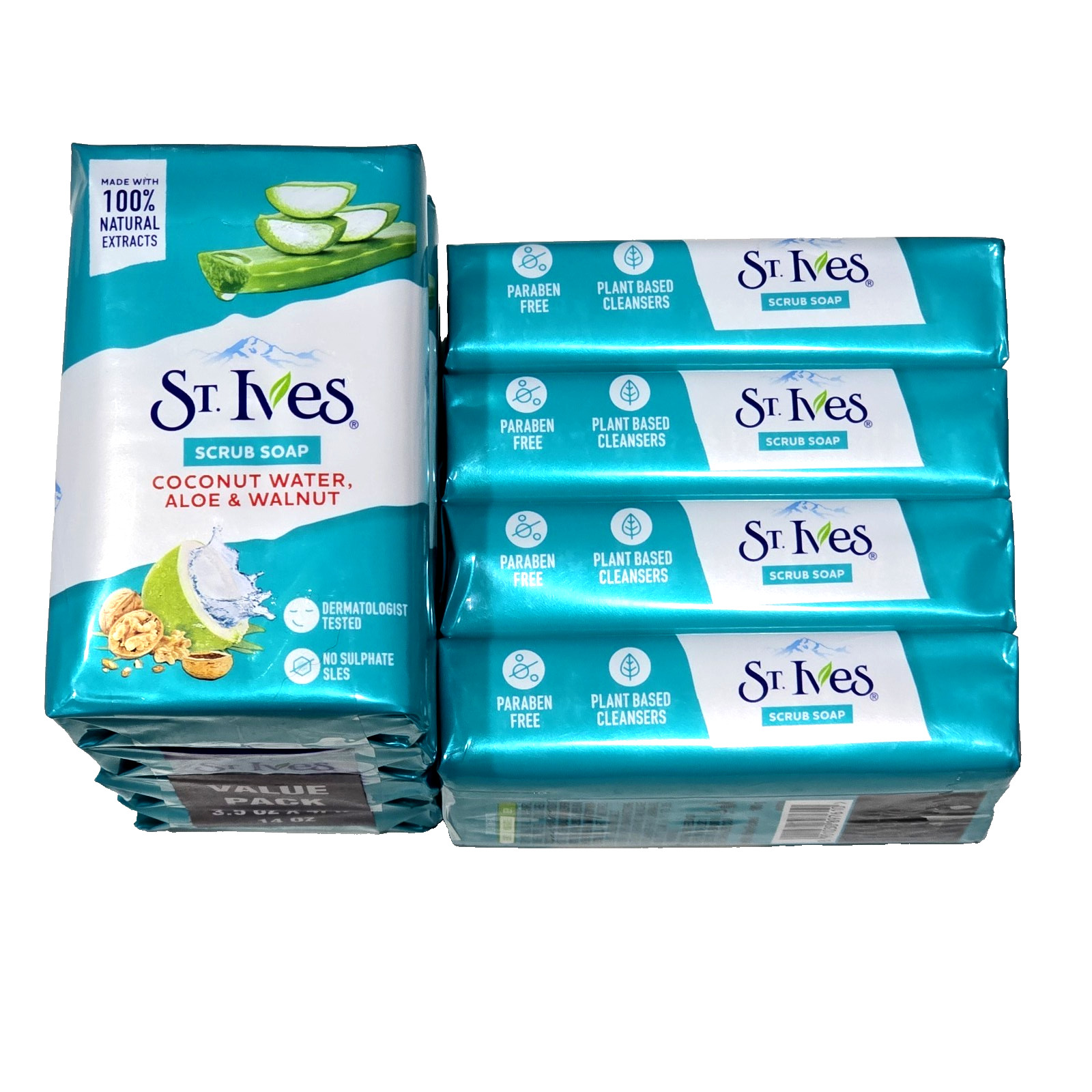 2 Pack 8 Bars Total St. Ives Scrub Soap Coconut Water Aloe Walnut