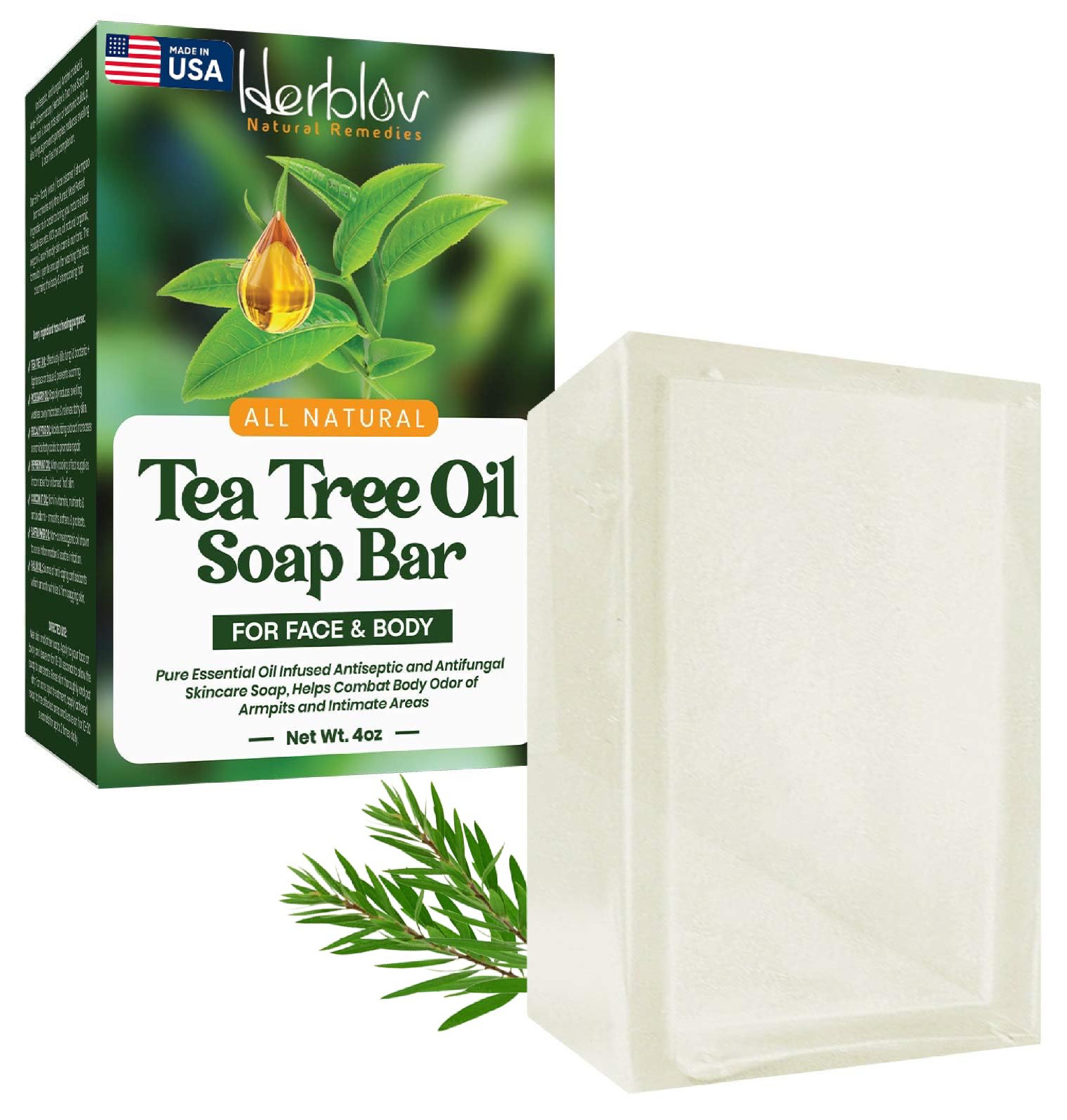 Herblov Tea Tree Oil Soap Bar for Face & Body, 4oz –All Natural Remedy Skin Clea