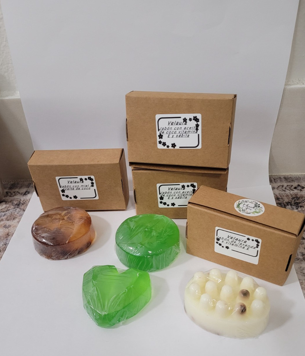artisanal soap,2 Coconut oil, vitamin E & aloe vera soaps 1 Honey & coconut oil