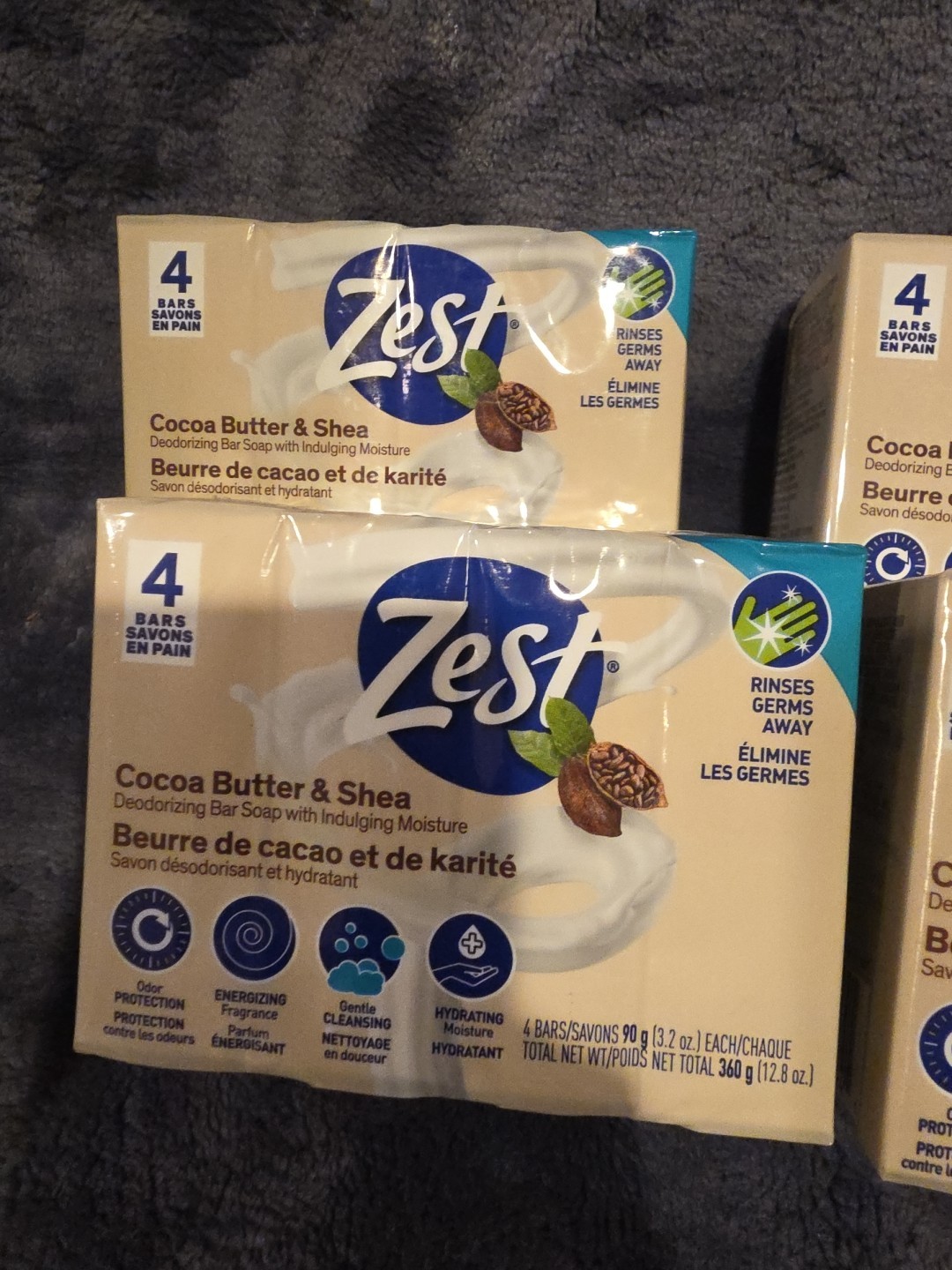 Lot Of 4 Zest Cocoa Butter & Shea Bar Soap, for All Skin Types, 3.2oz, 4 Bars
