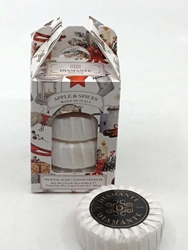 Diamante Apple & Spices Vegetal Soap Set 4 Round Bars 2.8 Oz Each 80g Italy Xmas