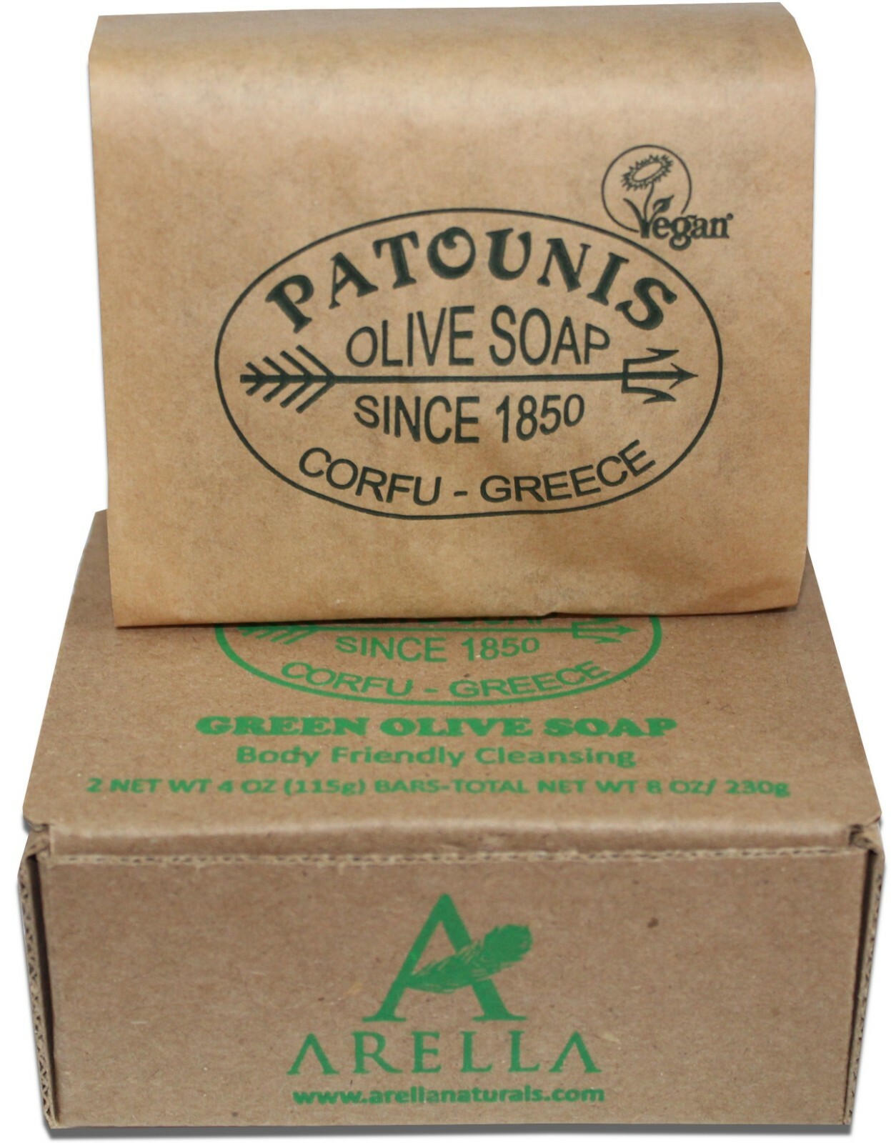 Patounis VEGAN Greek Green Olive Soap No additives 2 bars (4 Oz/bar)