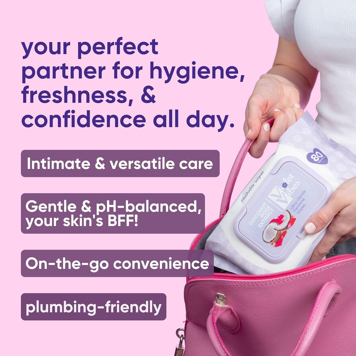 Violet Vibes Coconut Rose Wet Wipes for Women 160 ct | Flushable & Sensitive Ski