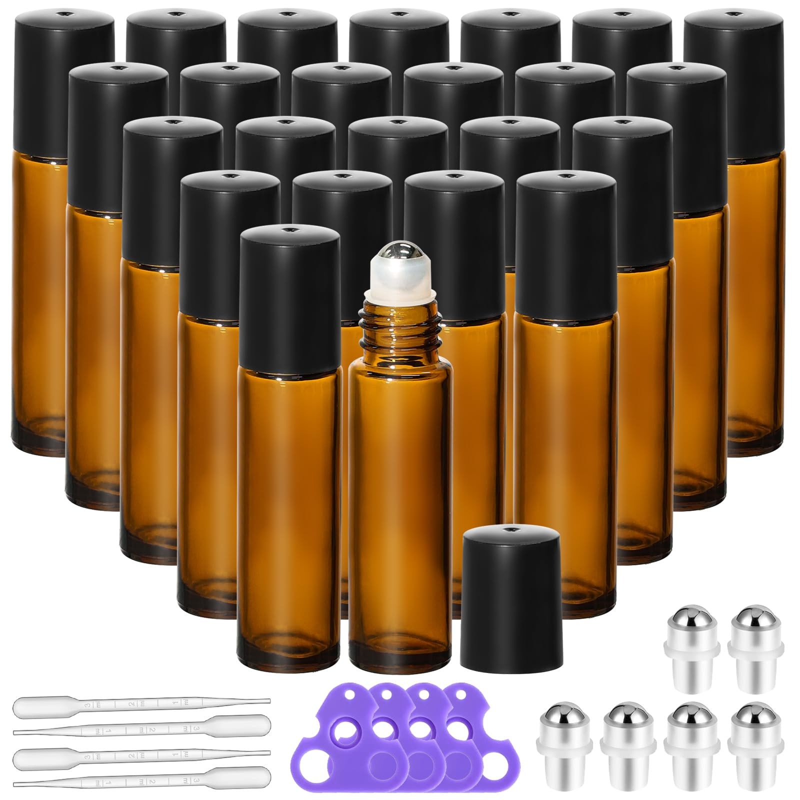 KEYWING 10ml Amber Glass Roller Bottles for Essential Oils – 24 Pack