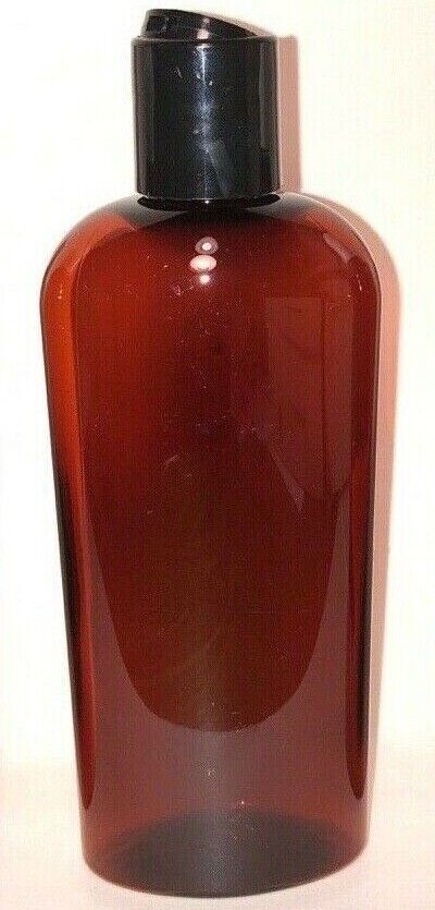 8 oz PET Plastic Amber Cosmo Oval Bottle & Black Disc Cap qty 48