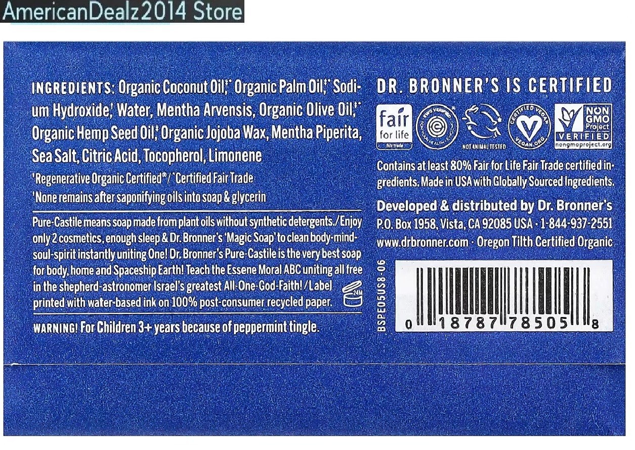 2 PACK – Dr Bronner’s All-One Hemp Peppermint Pure Castile Bar Soap 5 oz