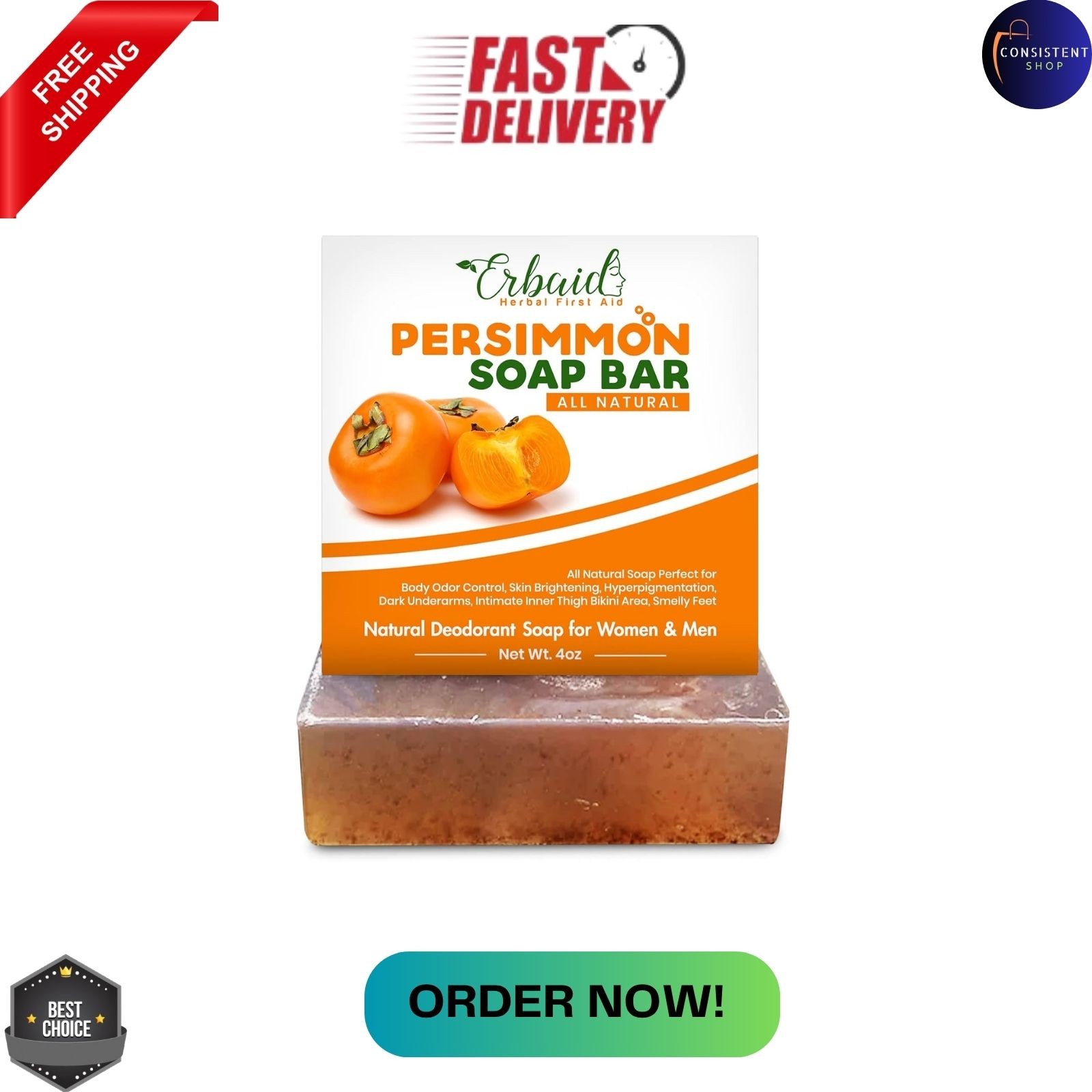 Persimmon Soap Bar Body Odor Control Deodorant Soap for Men & Women