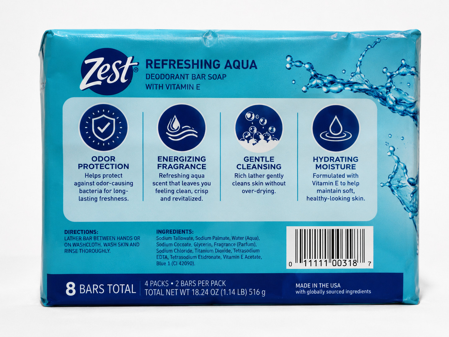 Zest Deodorant Bar Soap Aqua Hydrating Moisture Vitamin E 8 Bars (4 Pack) 4oz