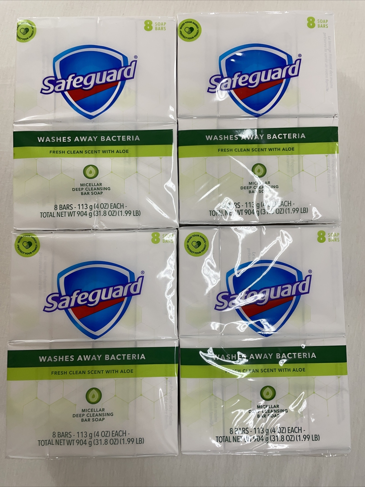 4-Pk Safeguard Antibacterial Bar Soap Fresh Clean Scent With Aloe 8-4oz Bars Ea