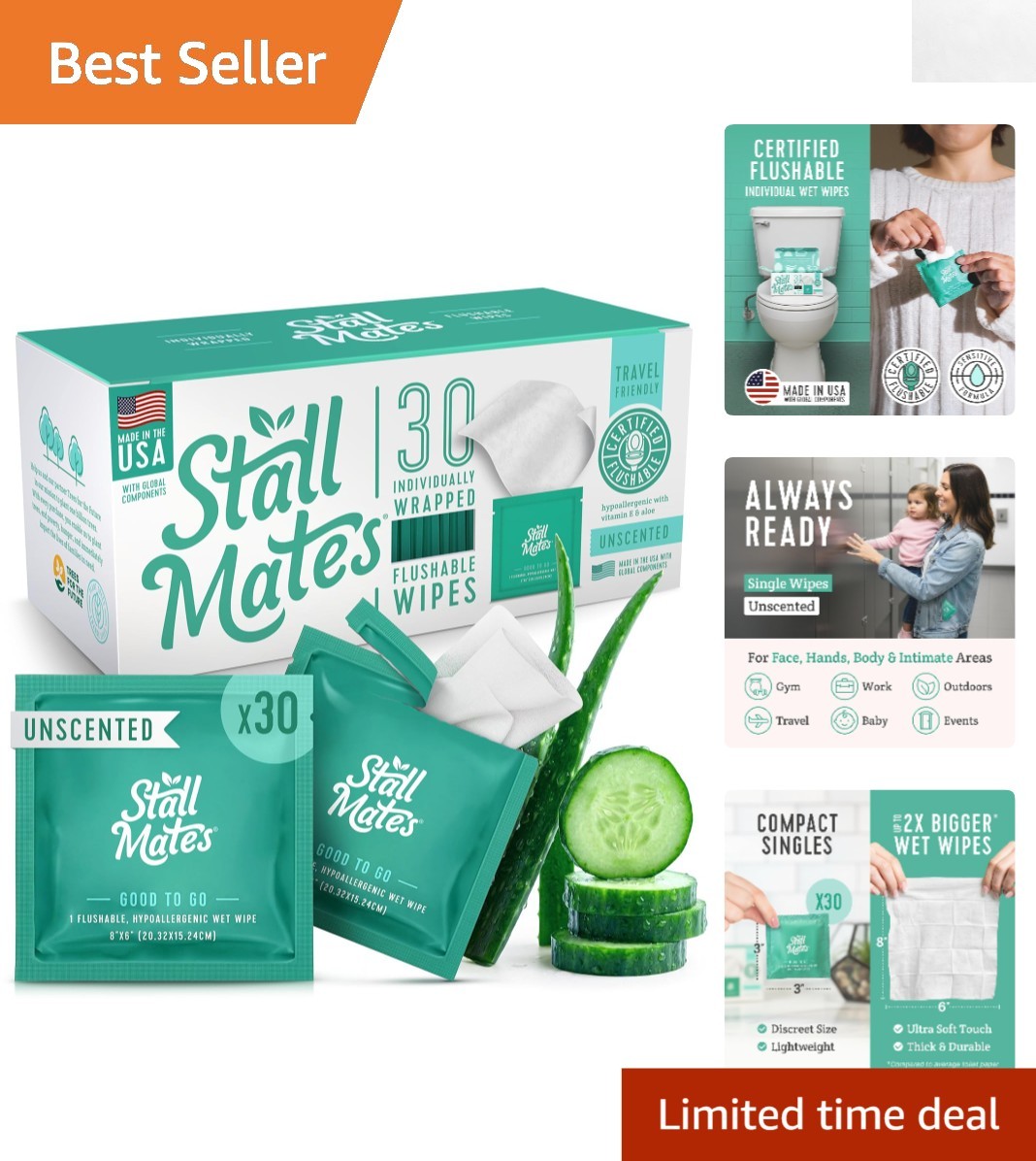 Travel-Friendly Flushable Wipes, Individually Wrapped, 30 Unscented Singles