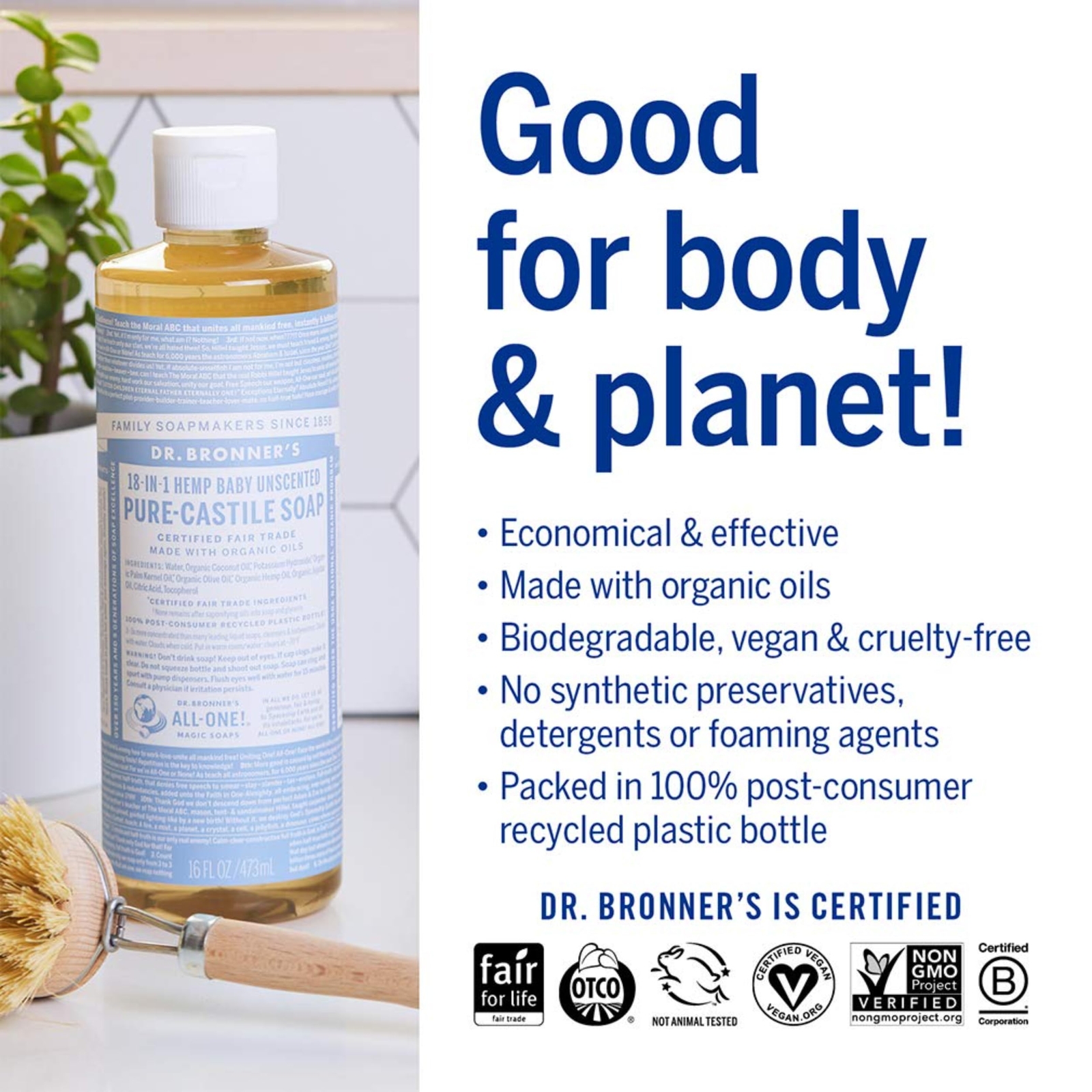 Dr Bronner’s Pure Castile Liquid Soap Baby Unscented 16 Oz Organic Fair Trade
