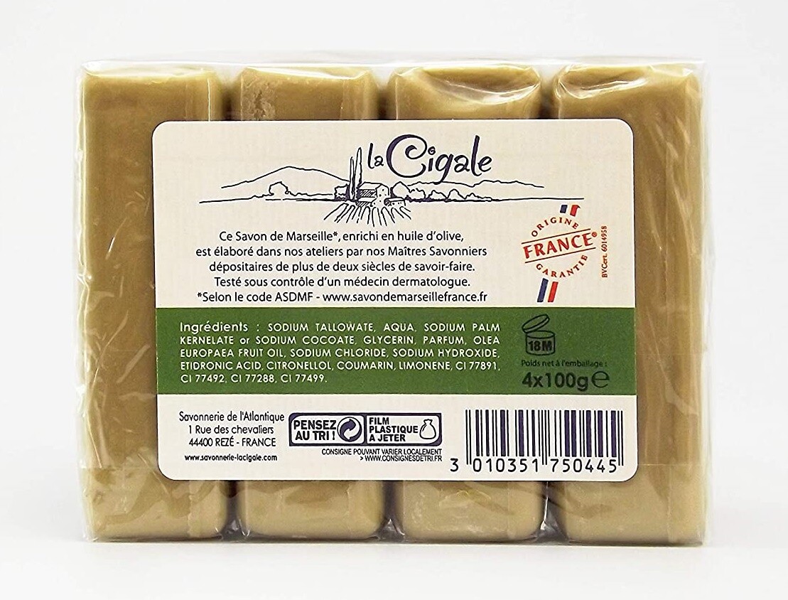 Savon De Marseille La Cigale Green Pure Olive Oil Soap – Pack of 4 x 100g –