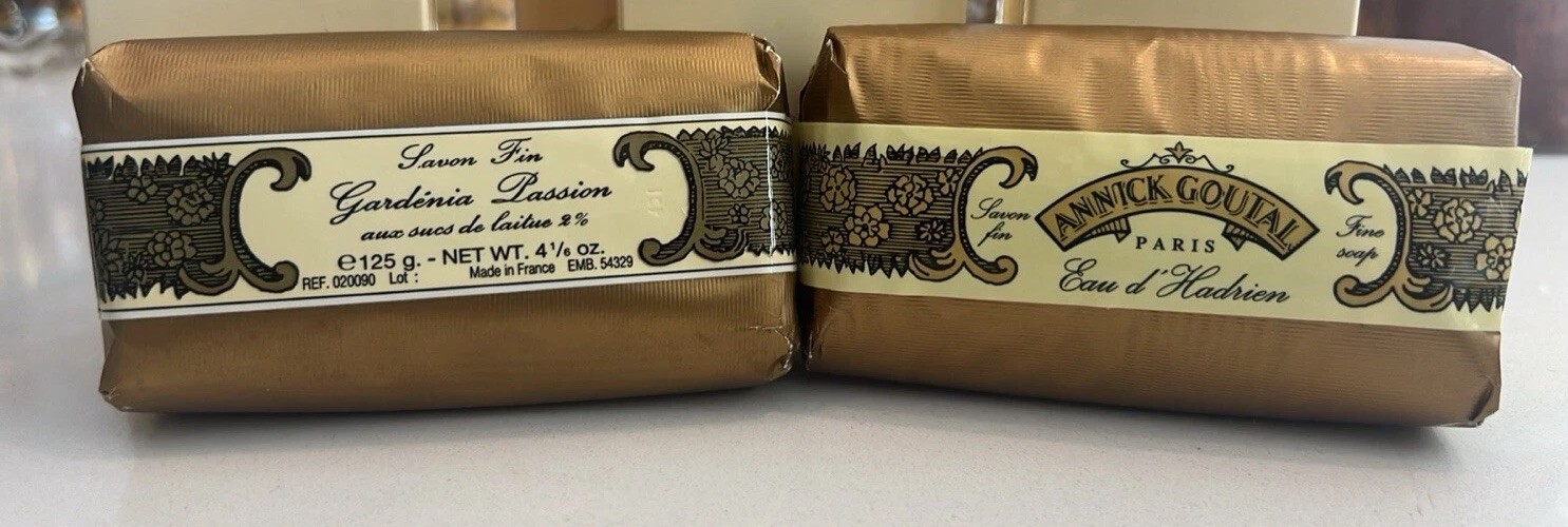 ANNICK GOUTAL Perfume Set 4.16oz. gold-wrapped soaps Gardenia Passion & Hadrien