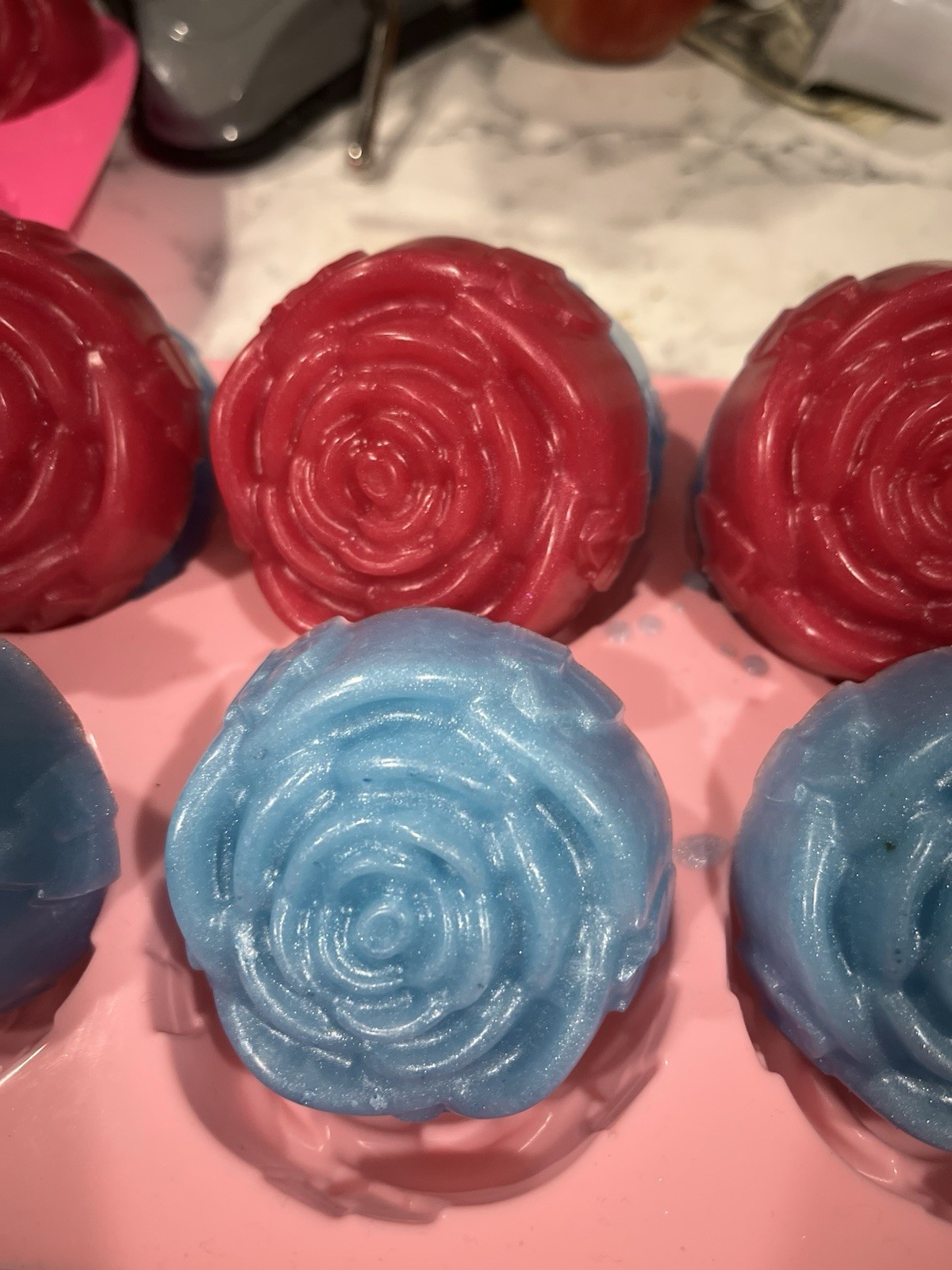 Handmade Rose Shaped Floral Body Bar Soap Set Red Blue for Body and Hands