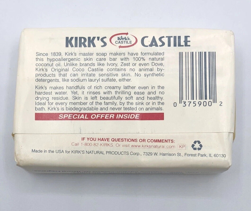 Kirk’s Castile Coconut Oil Soap, Original Coco Pure Botanical – 4 oz Bar – NOS