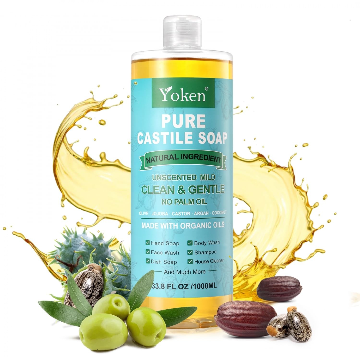 EWG Verified Castile Soap Liquid Unscented 33.8 fl oz Pure Castile Liquid Cle…