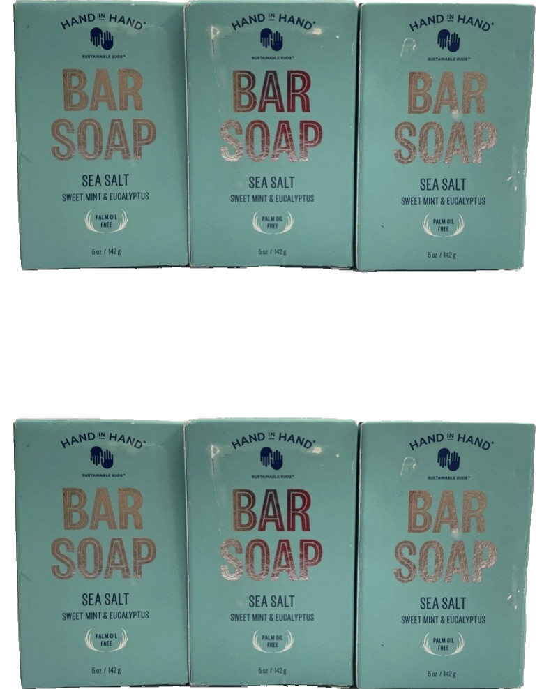 6 Hand in Hand Bar Soap SEA SALT Seet Mint & Eucalyptus w/Shea Butter 5oz Ea