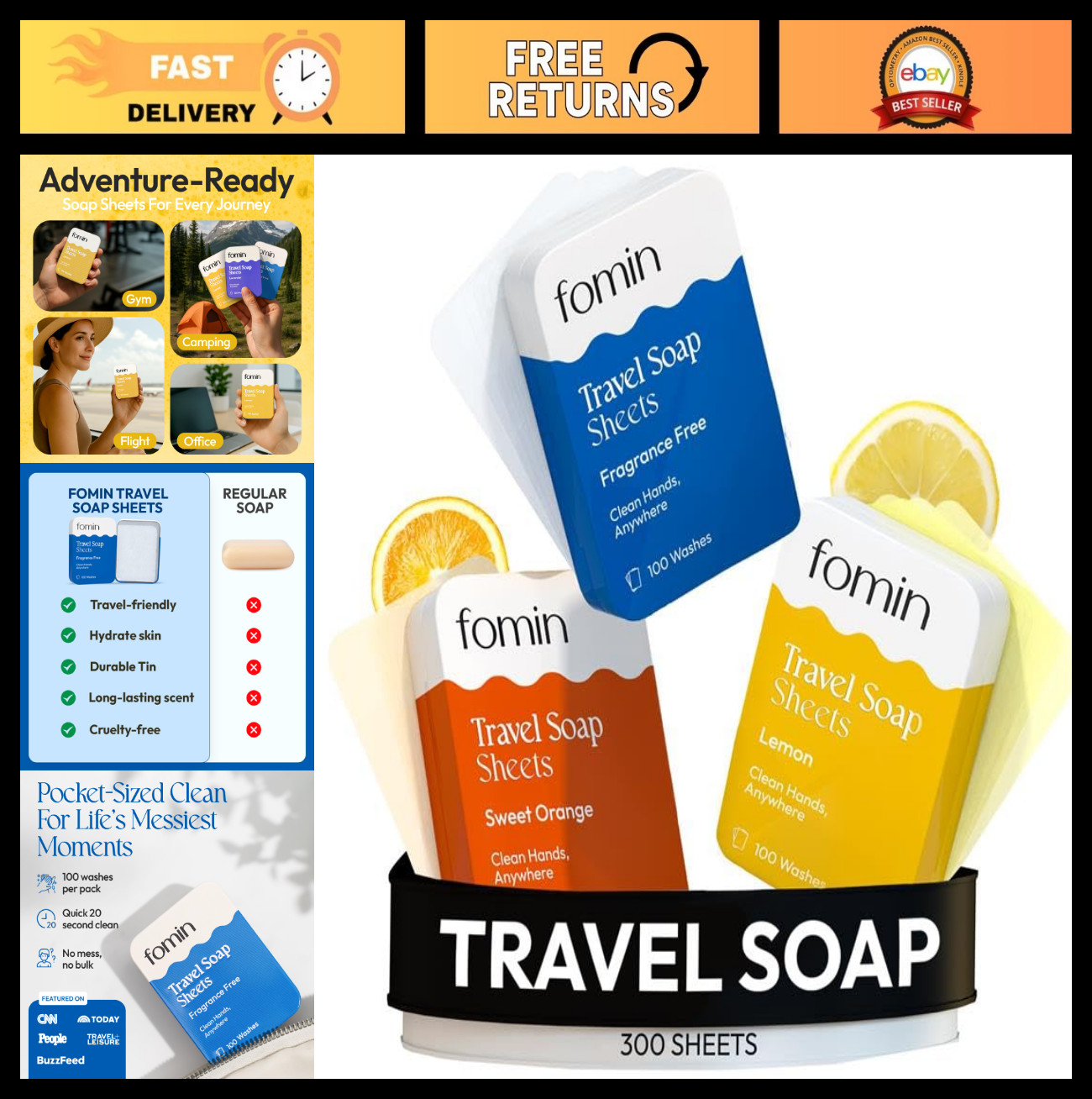 Portable Antibacterial Soap Sheets – 300 Dissolvable Travel Hand Wash Sheets, Un