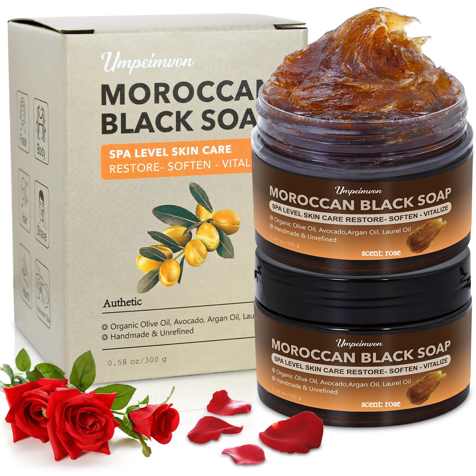 2 PCS Moroccan Black Soap with Argan and Rose Oil, SPA Level Handmade Black B…