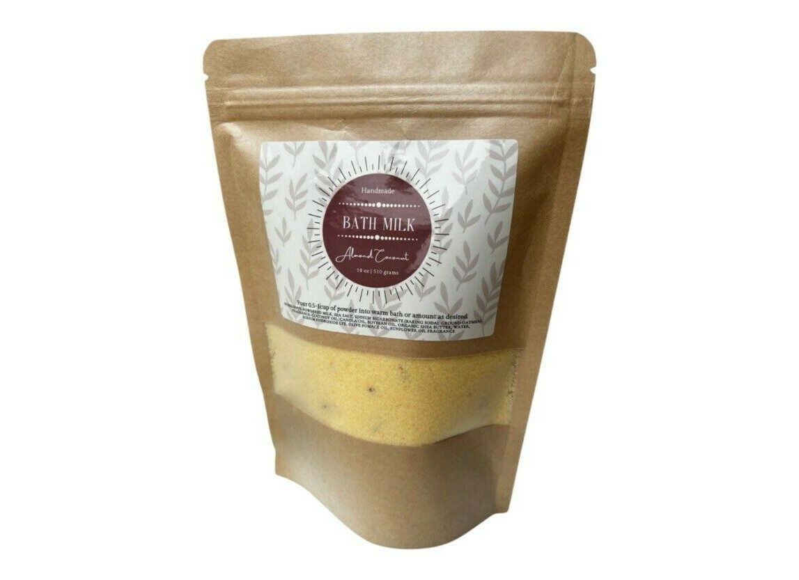 Almond Coconut Bath Milk, Handmade Moisturizing Powder 18oz | Heat Sealed Gift
