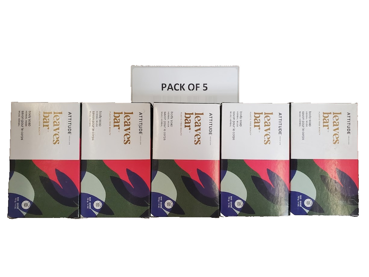 5 Pack Leaves Bar Body Soap – Herbal Musk – 4 Oz each By Attitude (Plastic Free)